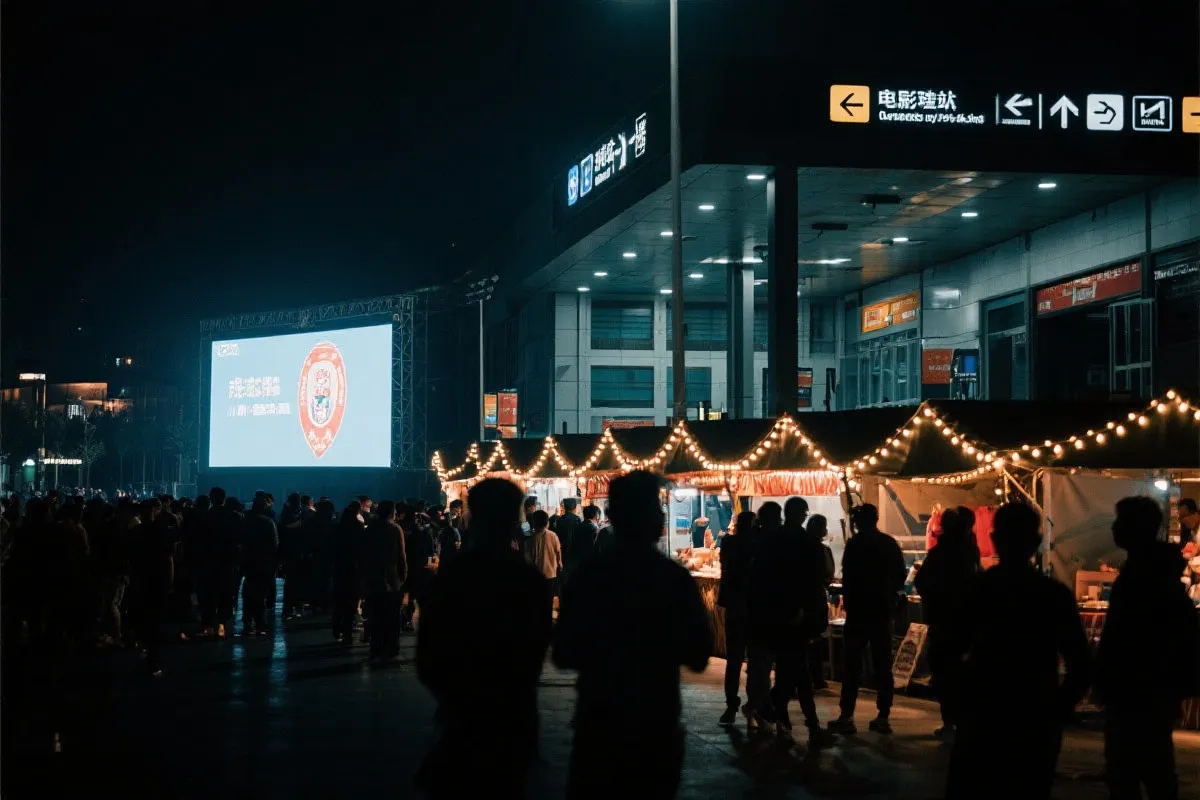 费城球迷广场夜景：大屏观赛人群、步行指示牌与公共交通入口